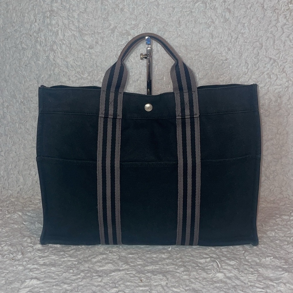 Hermes Large Canvas Fourre Tout Striped Cotton GM Shoulder Tote Bag Black Gray - Picture 1 of 16